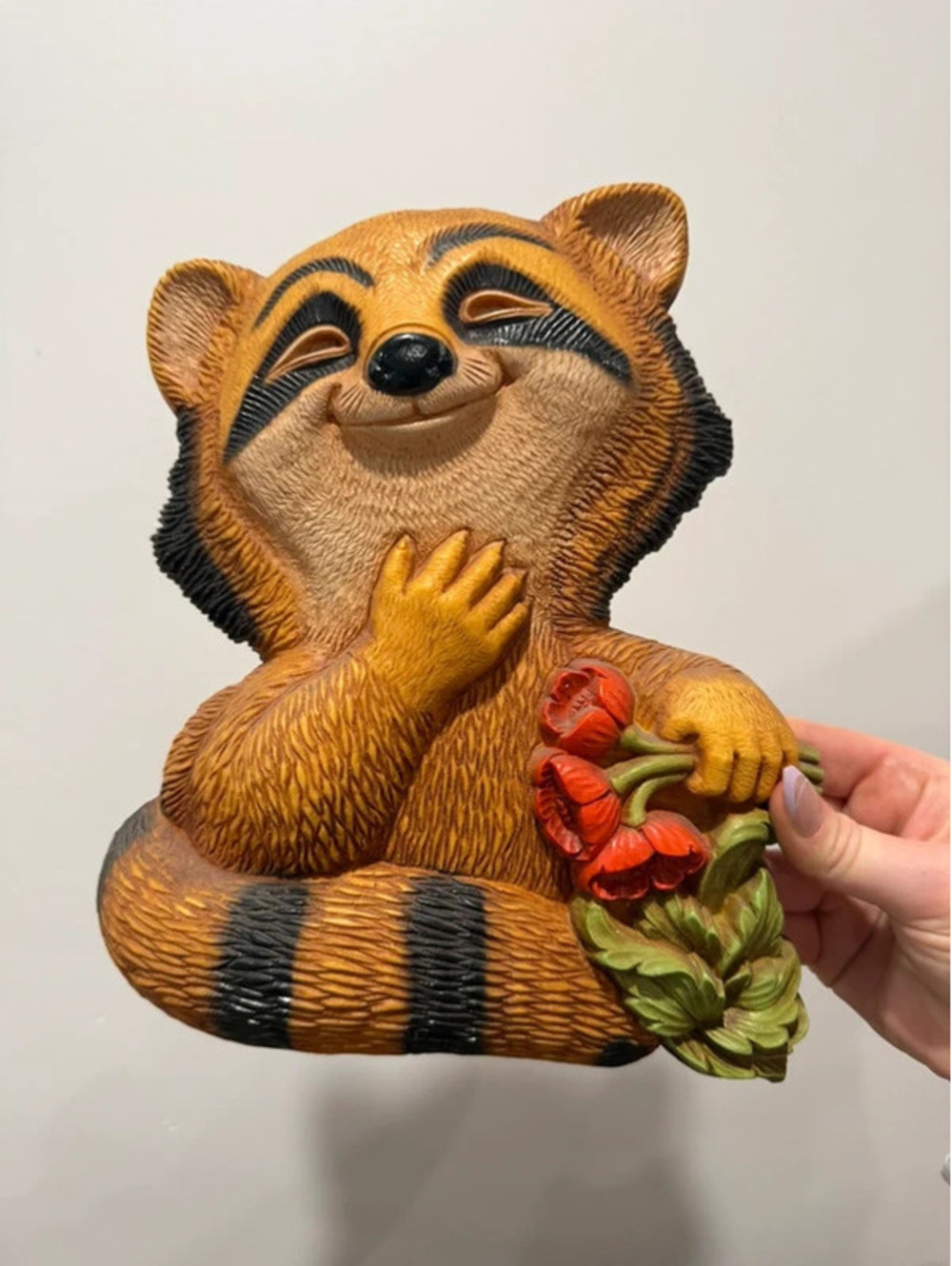 Vintage Syroco Raccoon with Flowers Wall Hanging Retro Woodland Decor